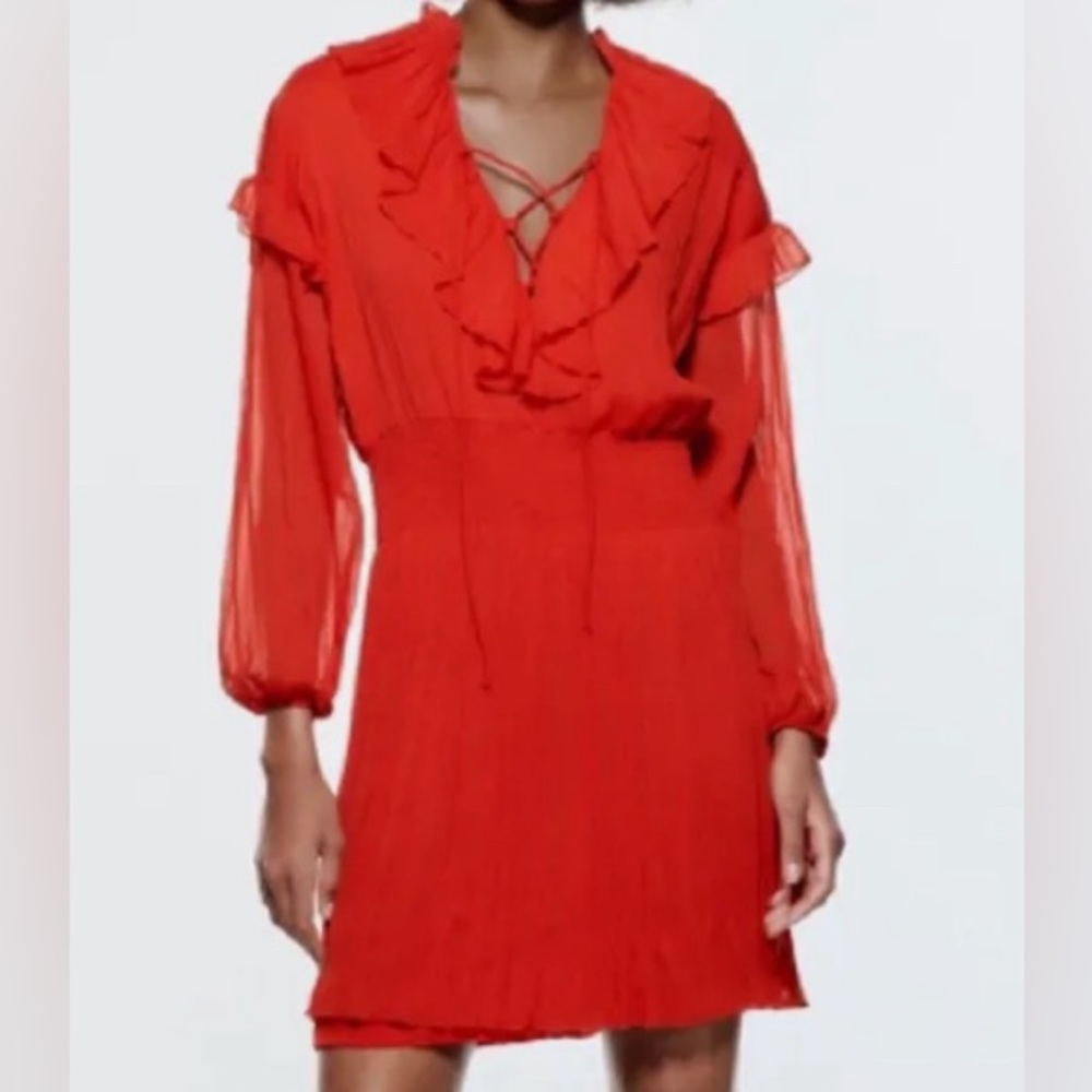 Zara Short Ruffled Red Dress - Picture 2 of 5